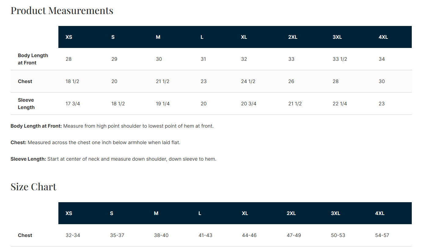 Size chart for clothing measurements with clear labels and values.