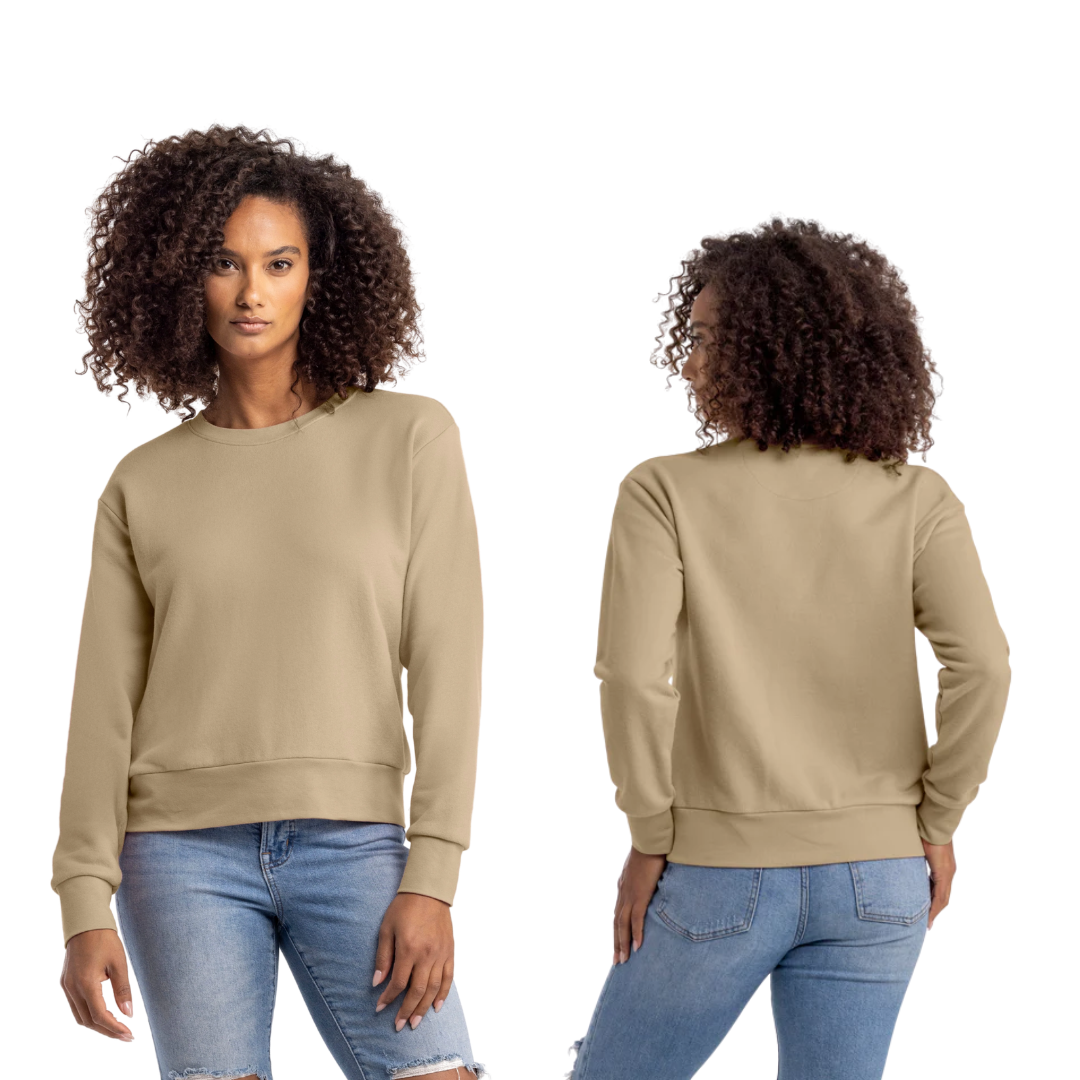 Woman wearing a beige sweatshirt and blue jeans, shown from front and back on a white background