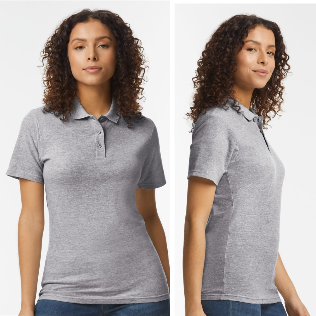 Woman wearing a grey polo shirt shown from front and side views on a white background