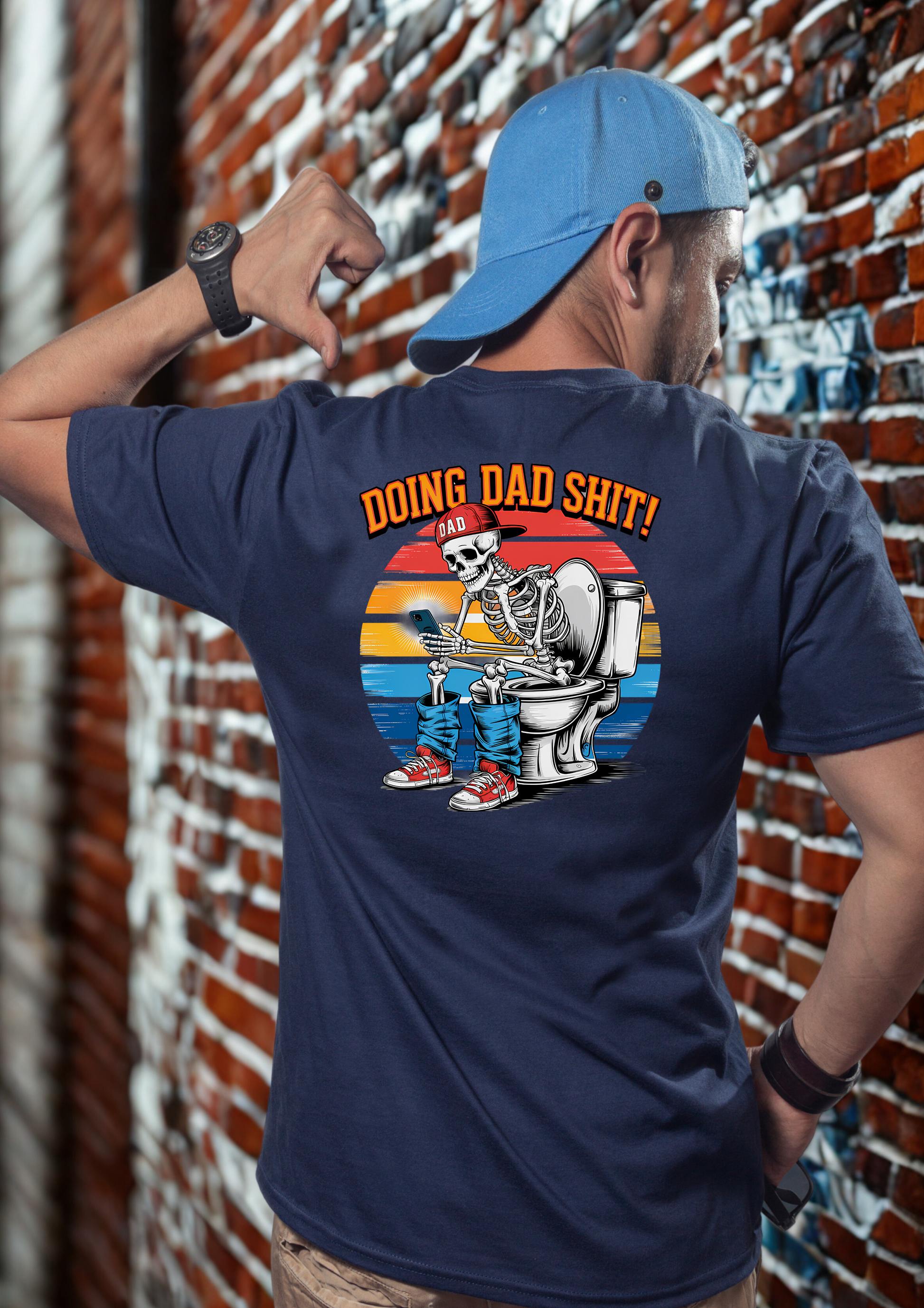 A male model wearing a personalized, custom graphic t-shirt in Navy, representing high-definition apparel branding.