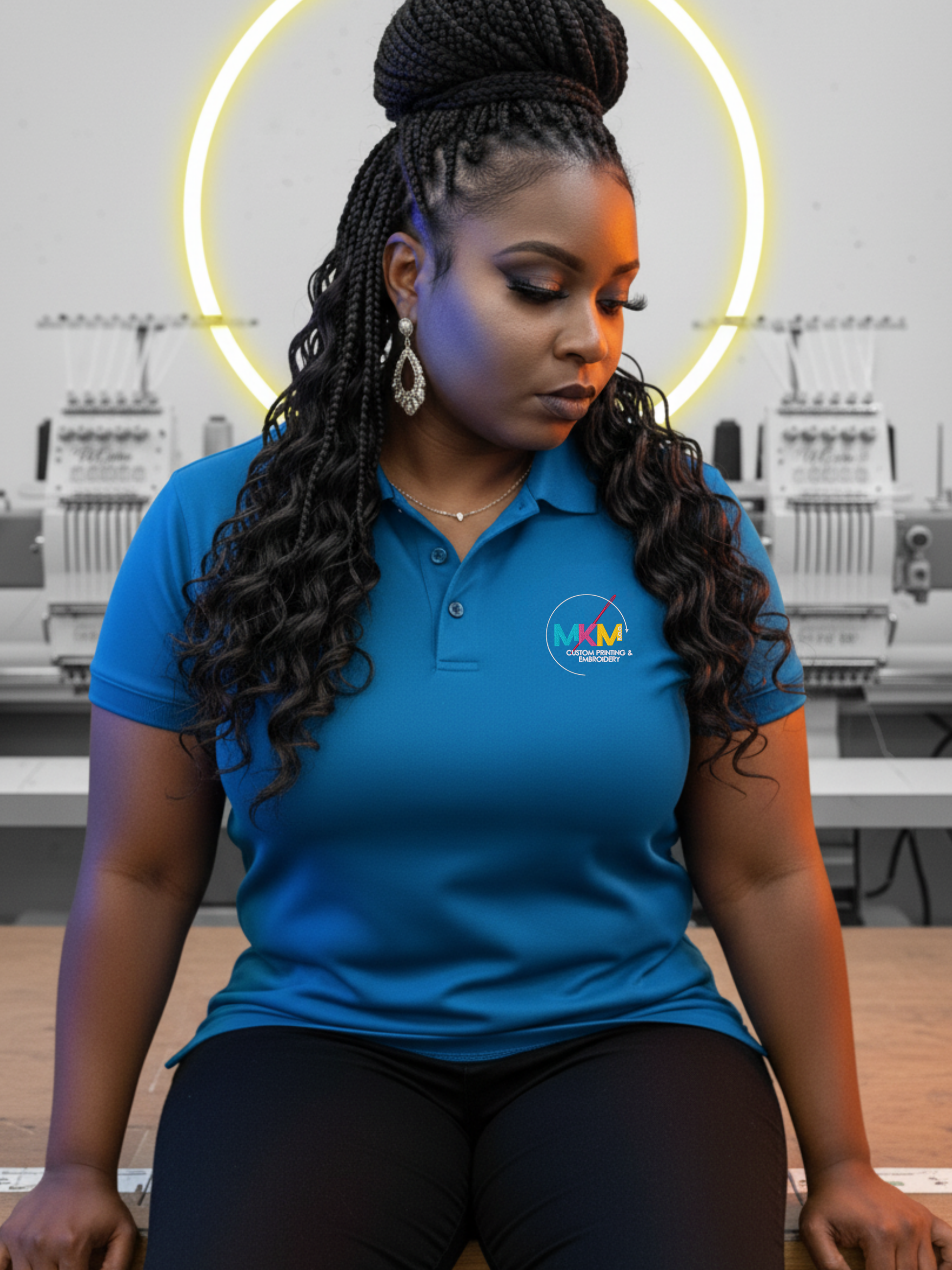 Woman wearing a blue polo shirt with a logo in an embroidery shop.