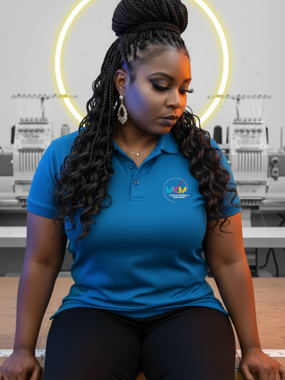 Woman wearing a blue polo shirt with a logo in an embroidery shop.