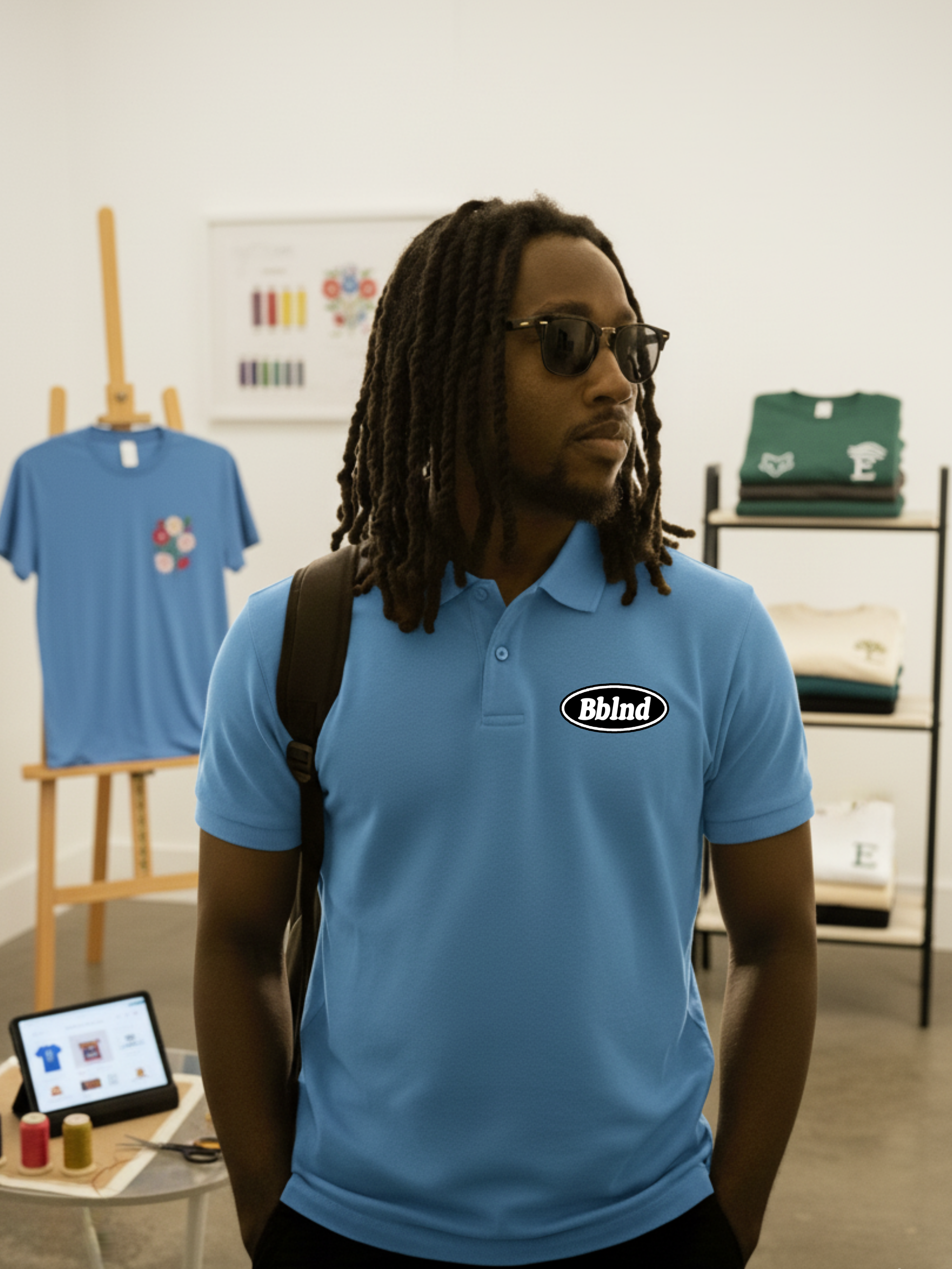 A man wearing a Carolina Blue Performance Polo shirt with the "Bblnd" with an industry background. 