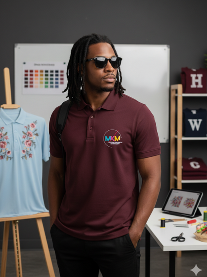 A man wearing a maroon Performance Polo shirt with a logo in a room with clothing and design materials.