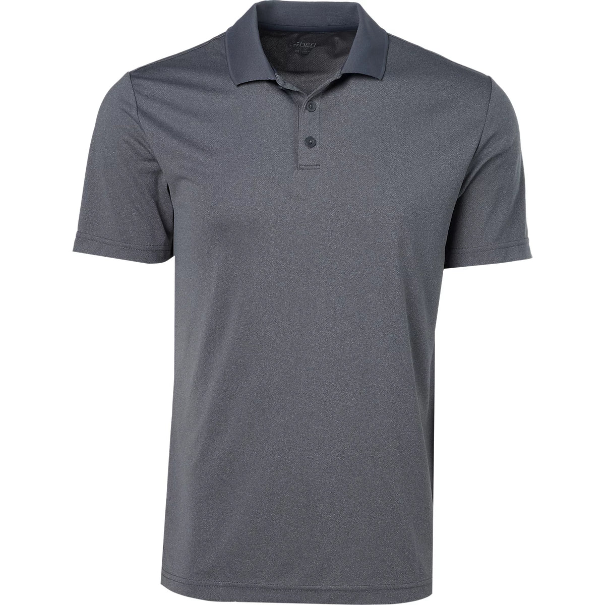 A dark gray short-sleeve polo shirt with a matching dark gray collar and a two-button placket, shown on a plain white background.