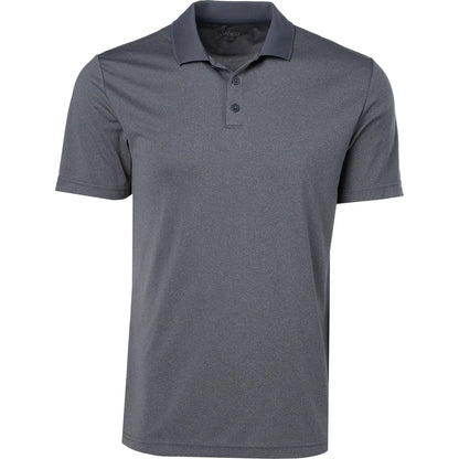 A dark gray short-sleeve polo shirt with a matching dark gray collar and a two-button placket, shown on a plain white background.