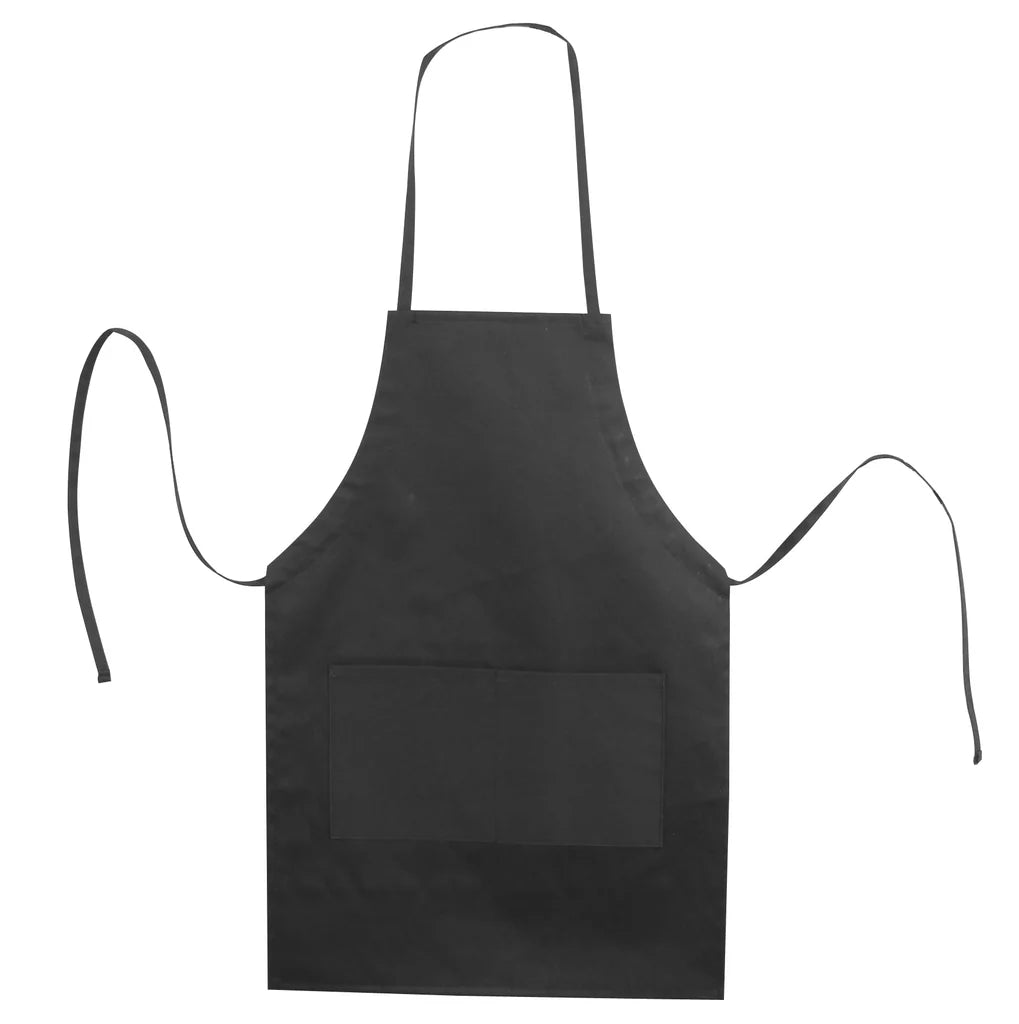 Black apron with a pocket on a white background.