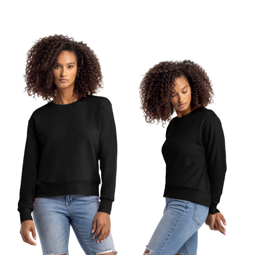 Two views of a woman wearing a black sweatshirt and blue jeans on a white background