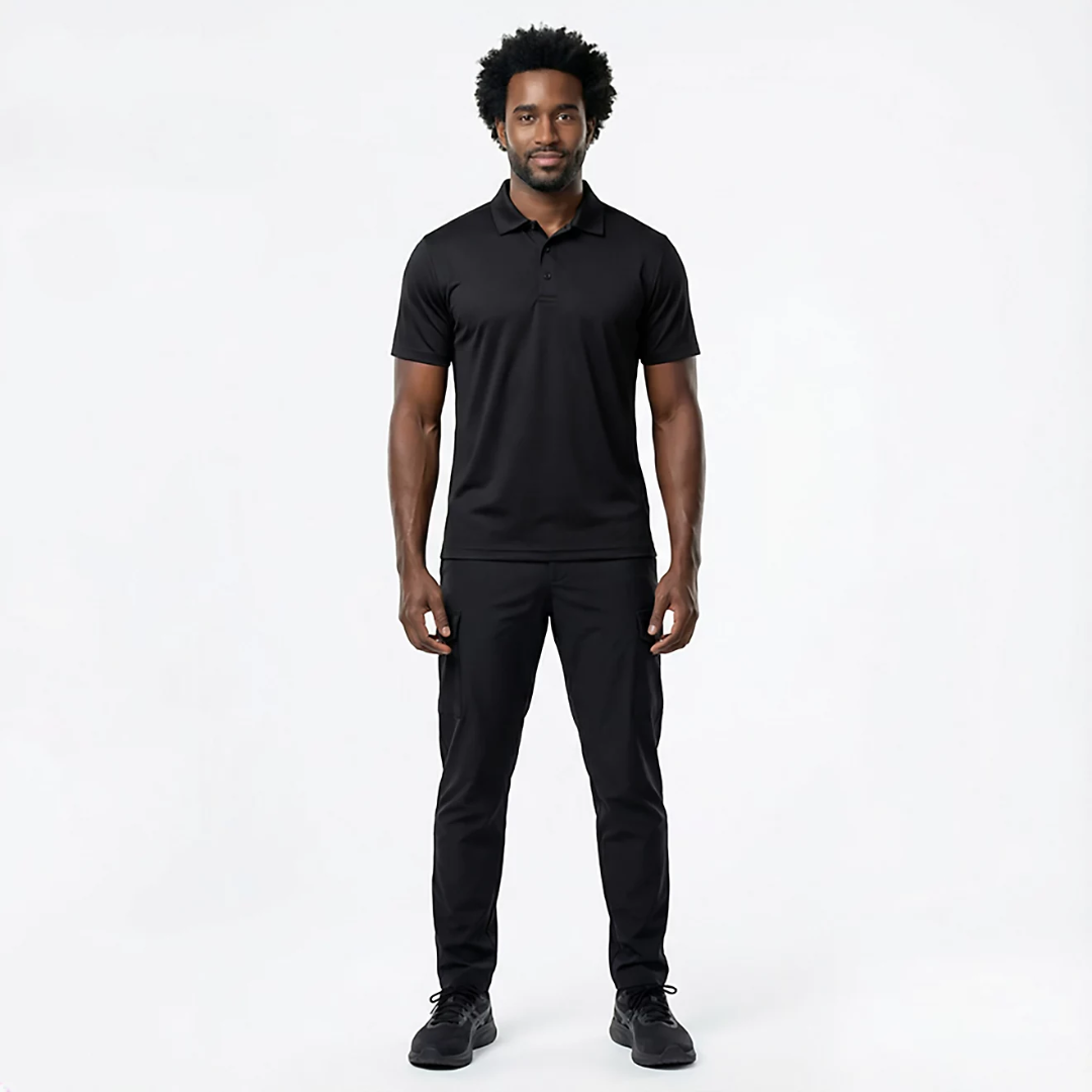 Man wearing a black polo shirt and pants on a white background