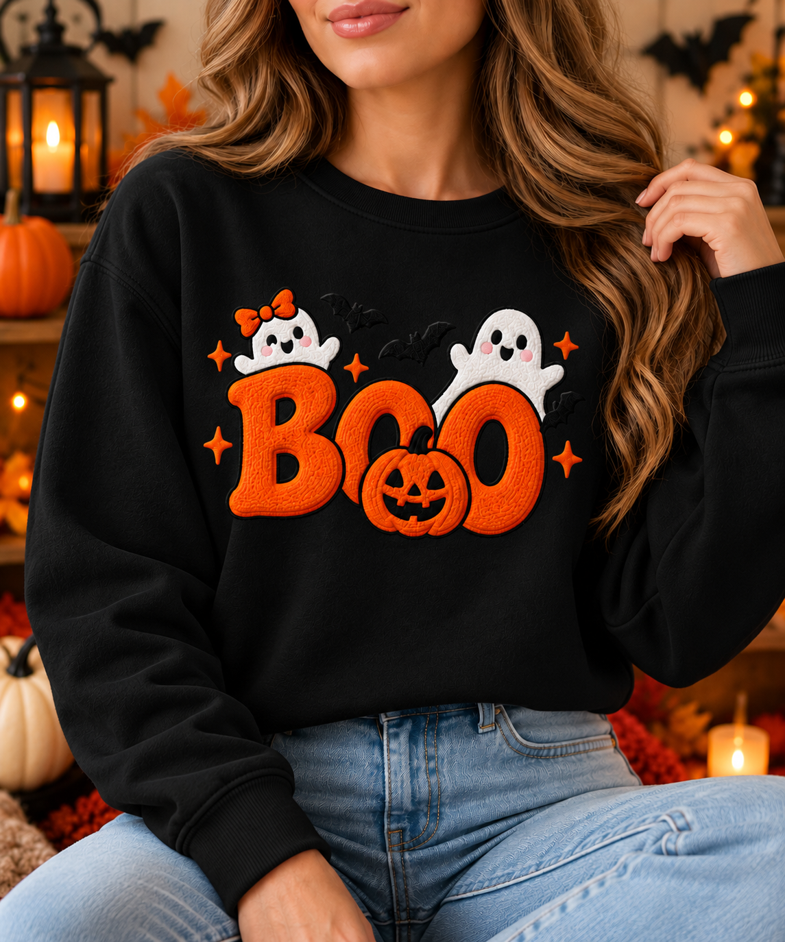 BOO Embroidered Halloween Crewneck Sweatshirt