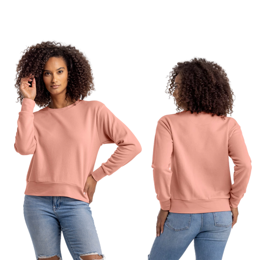 Woman wearing a pink sweatshirt and blue jeans, shown from front and back on a white background