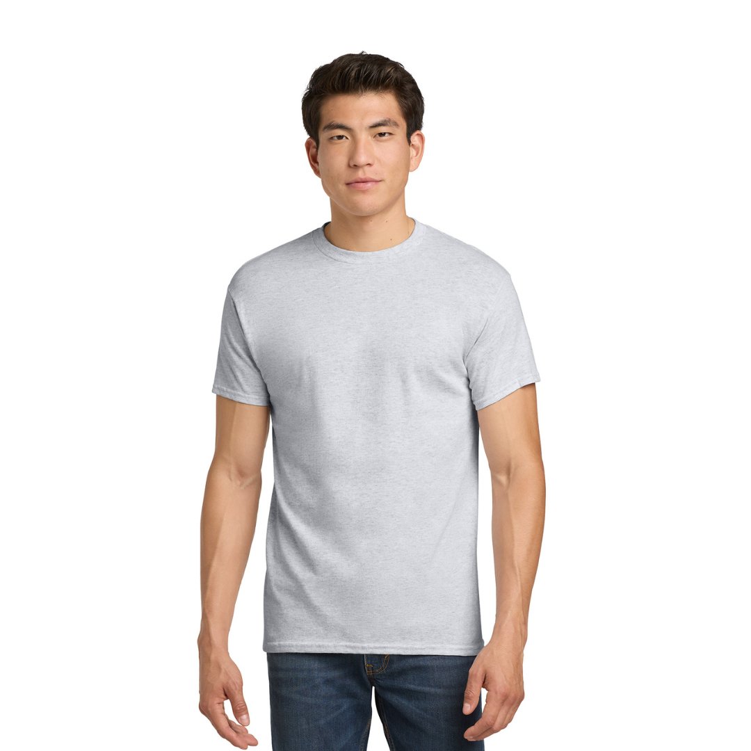 Man wearing a plain gray t-shirt on a white background