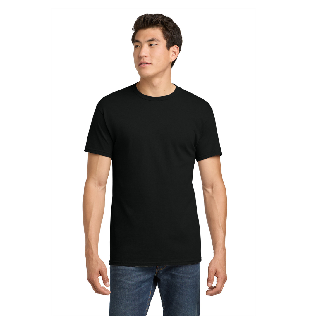 Man wearing a black t-shirt and blue jeans on a white background