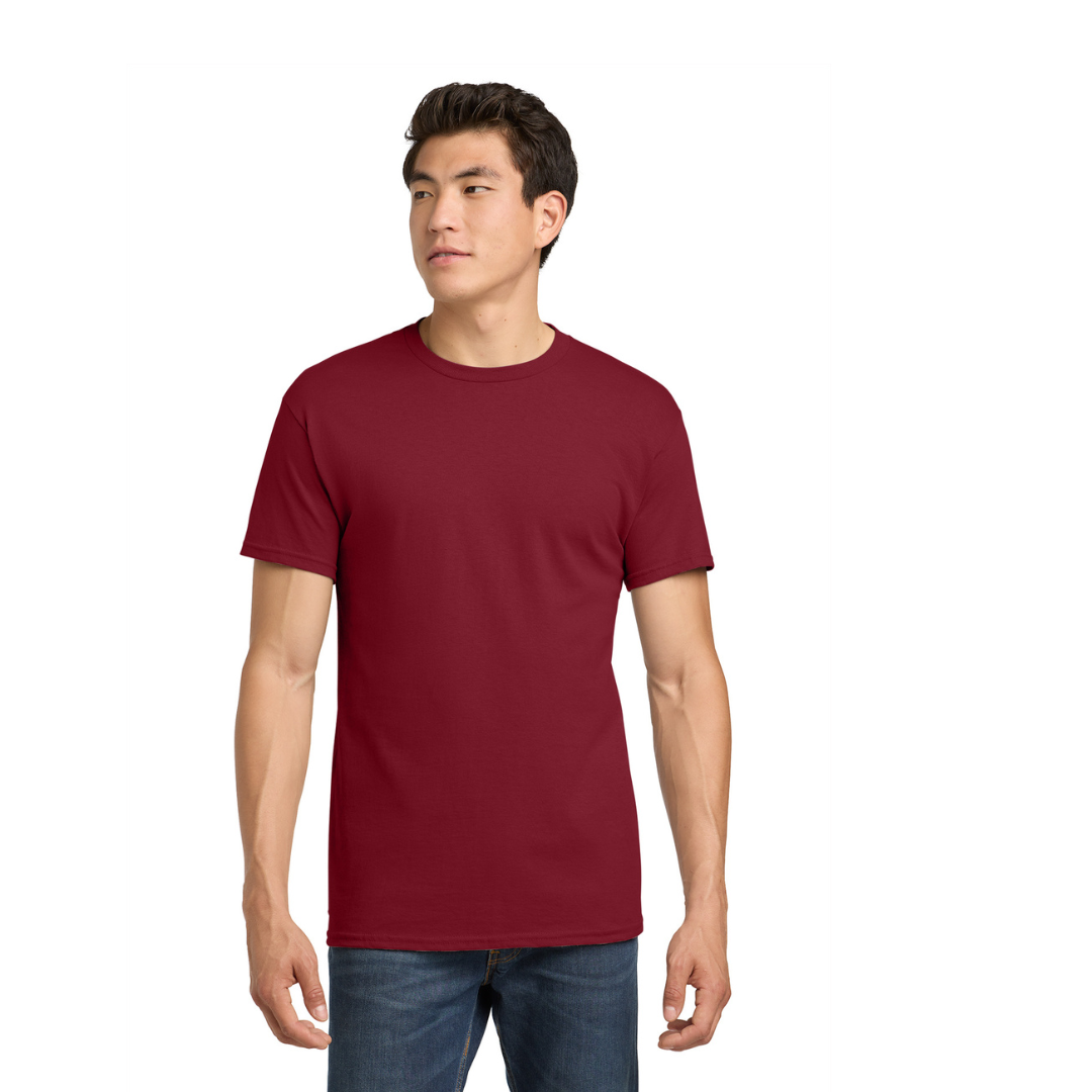 Man wearing a maroon t-shirt on a white background