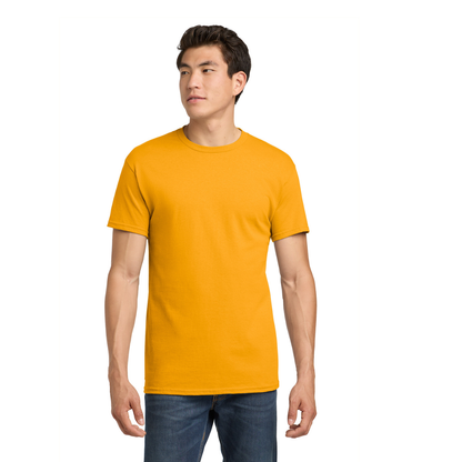Man wearing a gold t-shirt on a white background