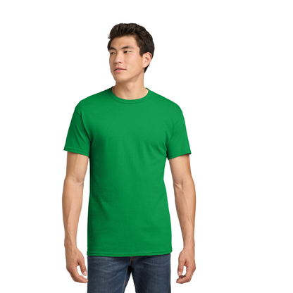 Man wearing a green t-shirt on a white background