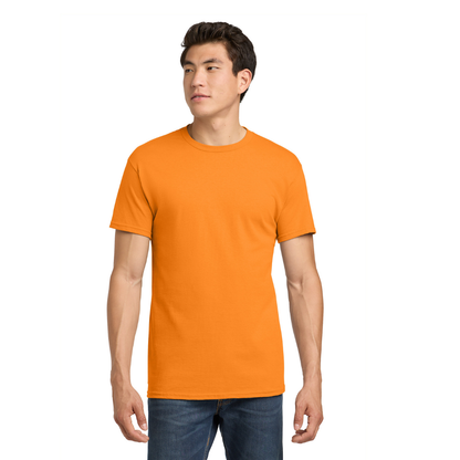 Man wearing an orange t-shirt on a white background