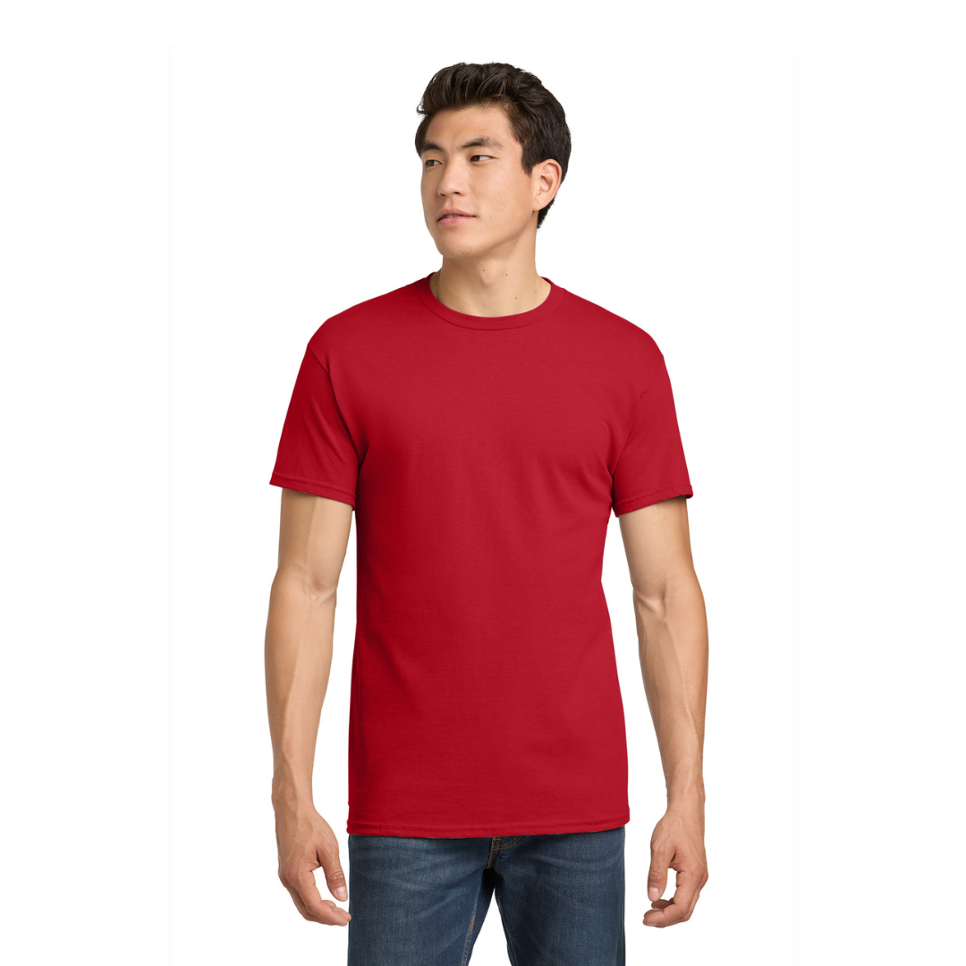Man wearing a red t-shirt on a white background