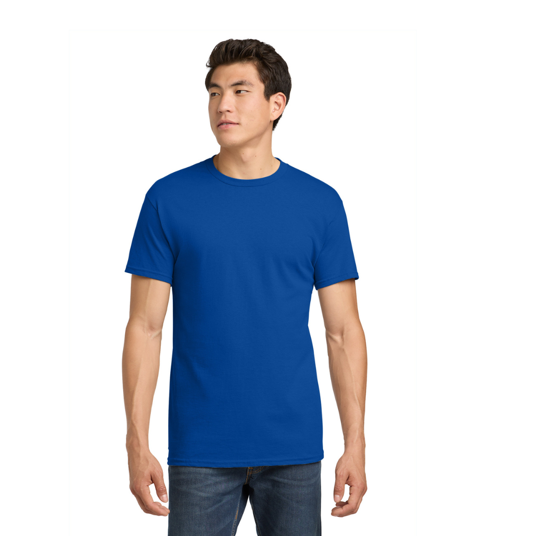 Man wearing a blue t-shirt on a white background