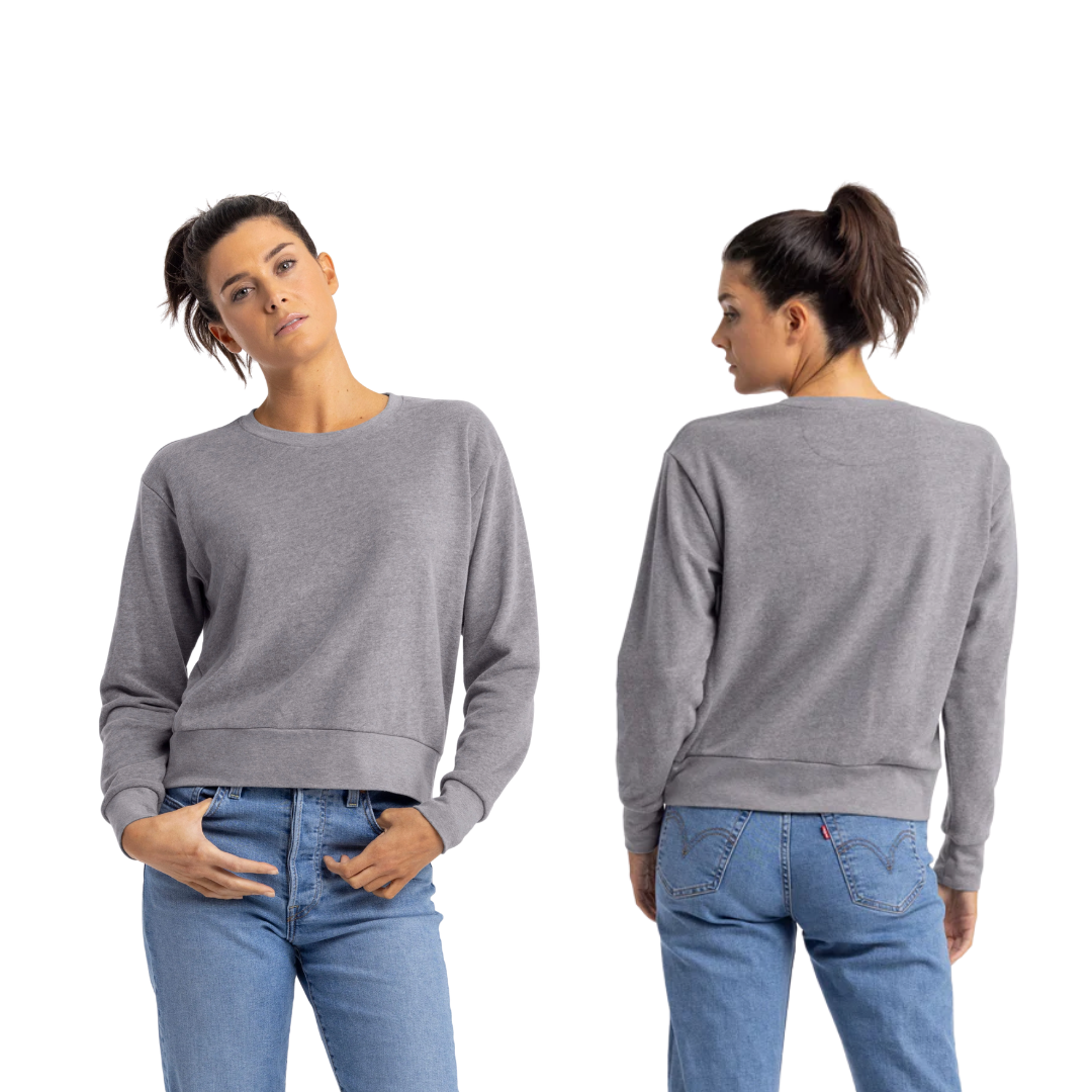 Woman wearing a gray sweater and blue jeans, shown from front and back on a white background.