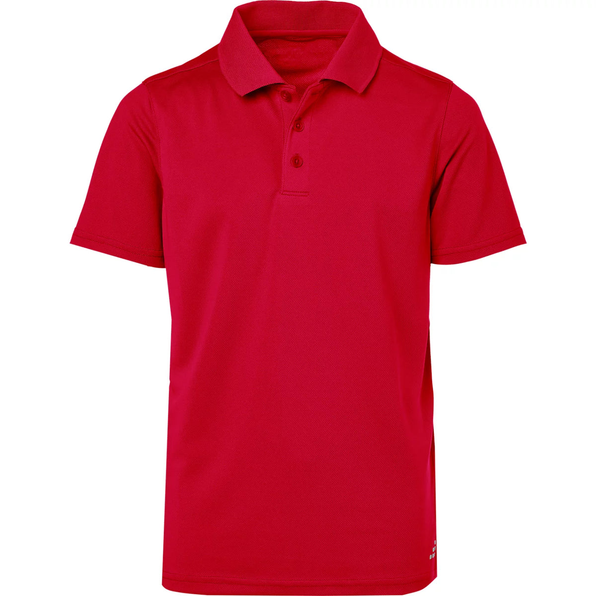 A bright red short-sleeve polo shirt with a three-button placket, displayed on a clean white background.
