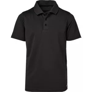 A black short-sleeve polo shirt with a classic collar and a three-button placket, shown on a plain white background.