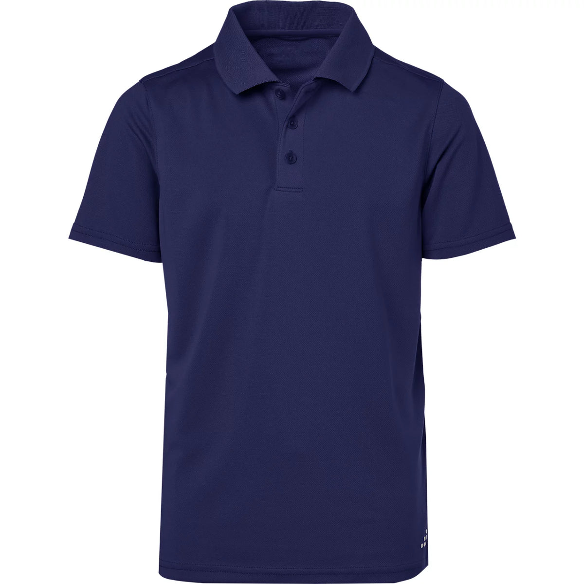 A navy blue short-sleeve polo shirt with a three-button placket, displayed on a clean white background.