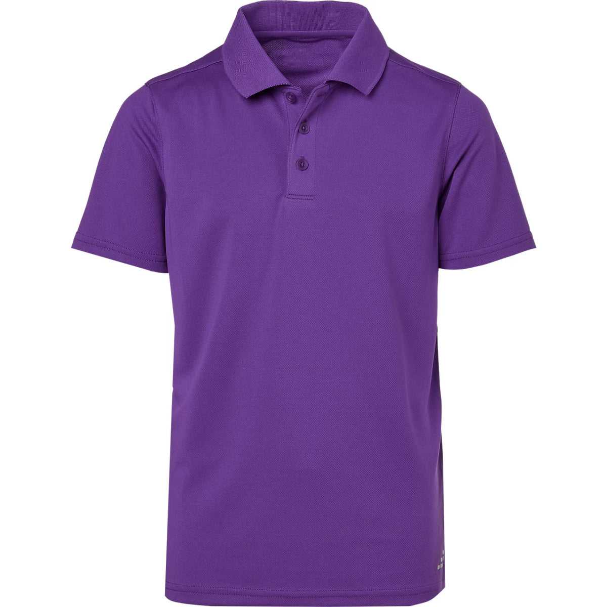 A purple short-sleeve polo shirt with a three-button placket, displayed on a clean white background.