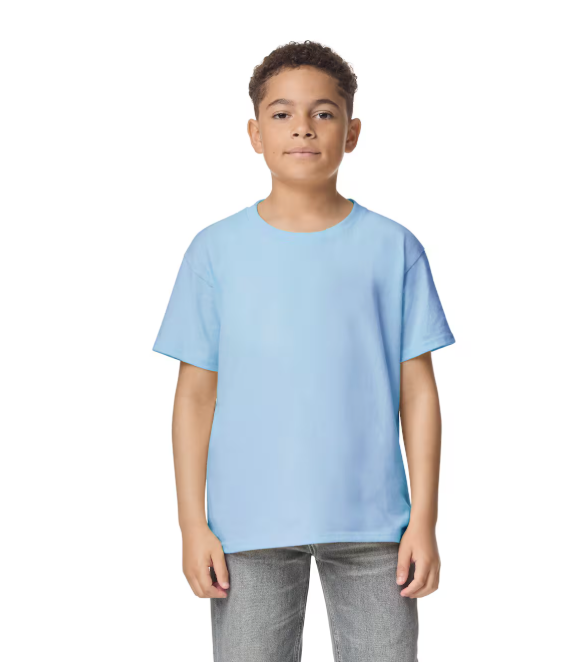 Child wearing a light blue t-shirt on a white background