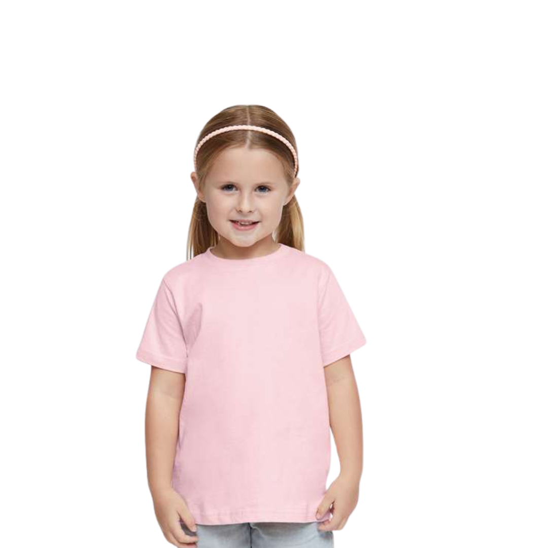 Young girl wearing a pink t-shirt on a white background