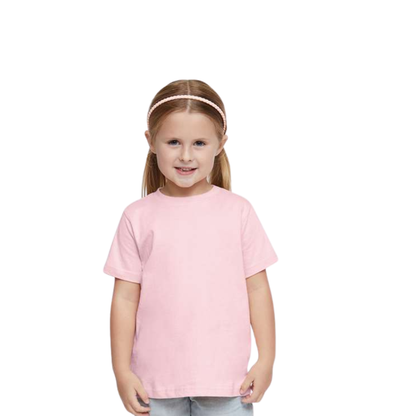 Young girl wearing a pink t-shirt on a white background