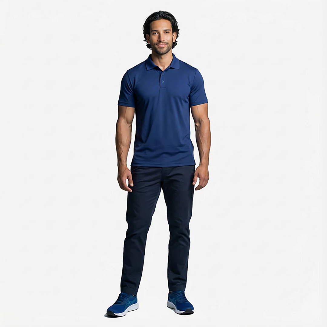 Man wearing a navy blue polo shirt and pants on a white background