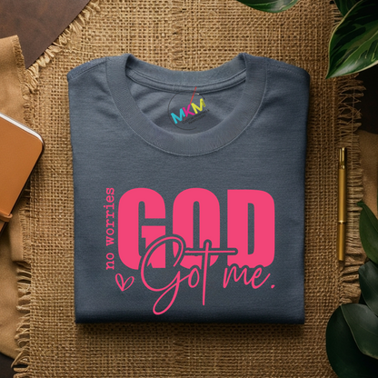 Grey t-shirt with pink text "God got me" on the front.