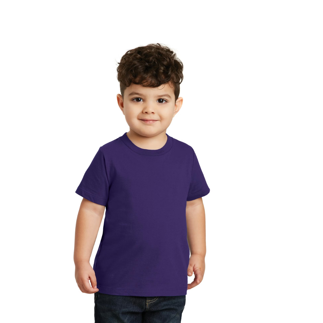 Child wearing a purple t-shirt on a white background