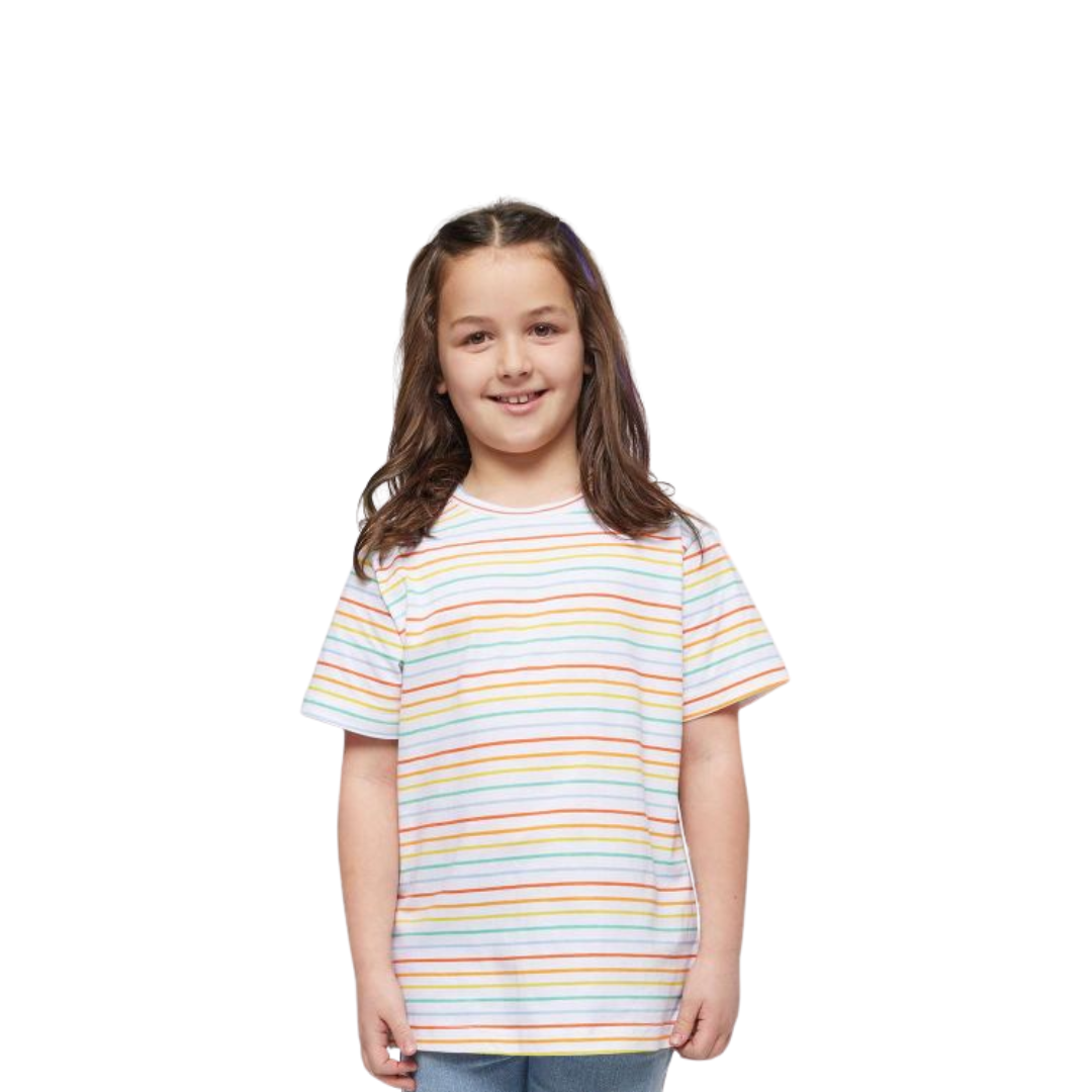 Young girl wearing a striped t-shirt on a white background