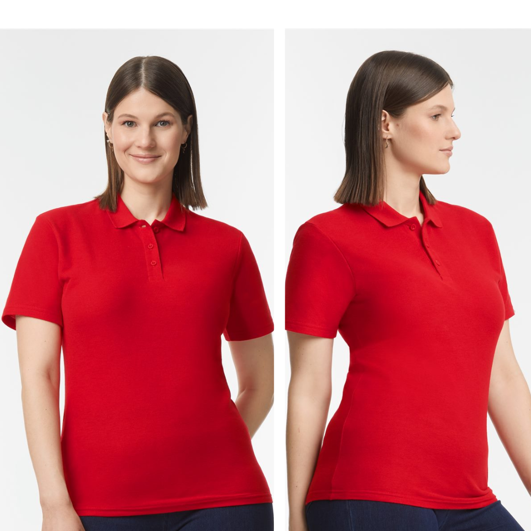 Woman wearing a red polo shirt on a white background