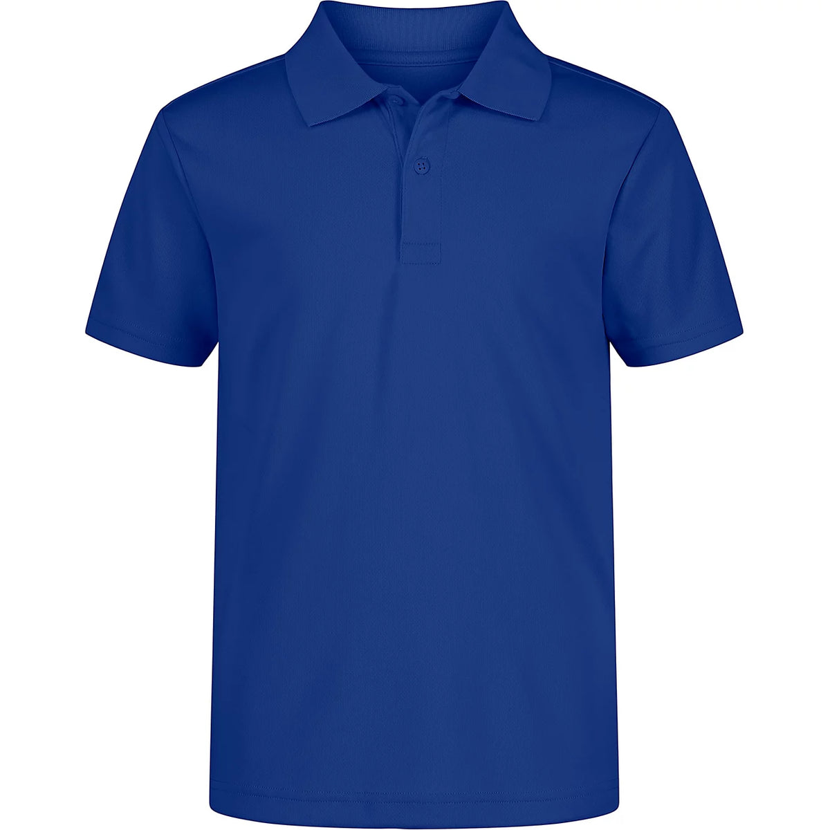 A royal blue short-sleeve polo shirt with a classic collar and a two-button placket, shown on a plain white background.
