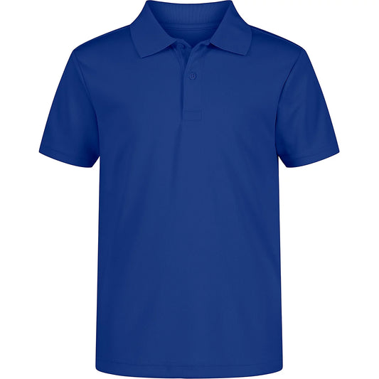 A royal blue short-sleeve polo shirt with a classic collar and a two-button placket, shown on a plain white background.