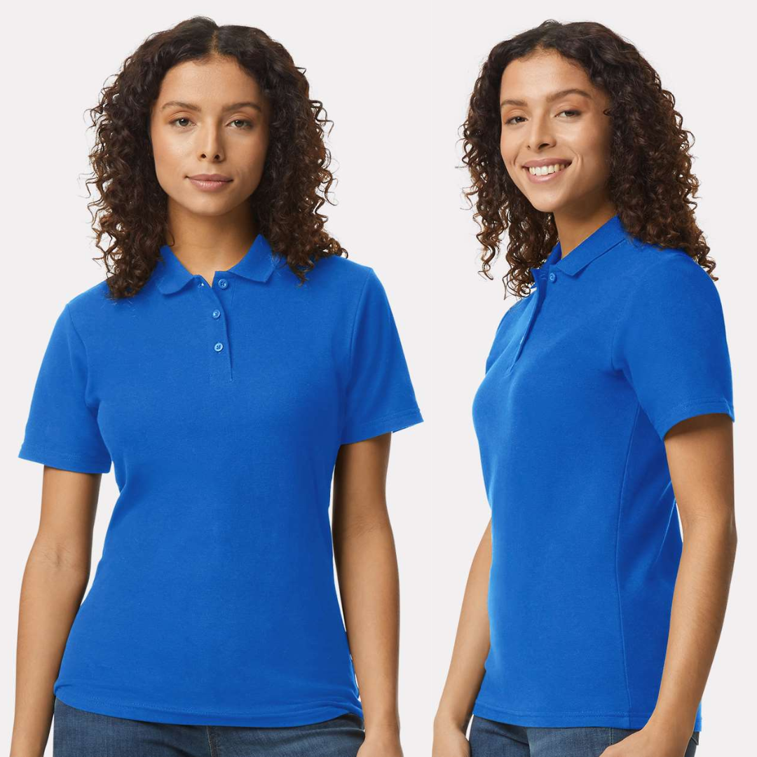 Two views of a person wearing a blue polo shirt on a white background