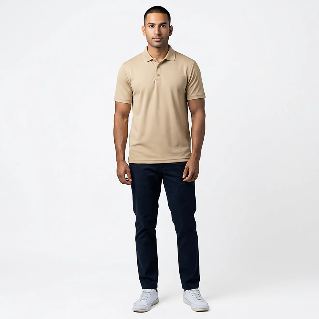 Man wearing a beige polo shirt and dark pants on a white background