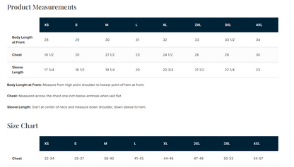 Size chart for clothing measurements with clear labels and values.