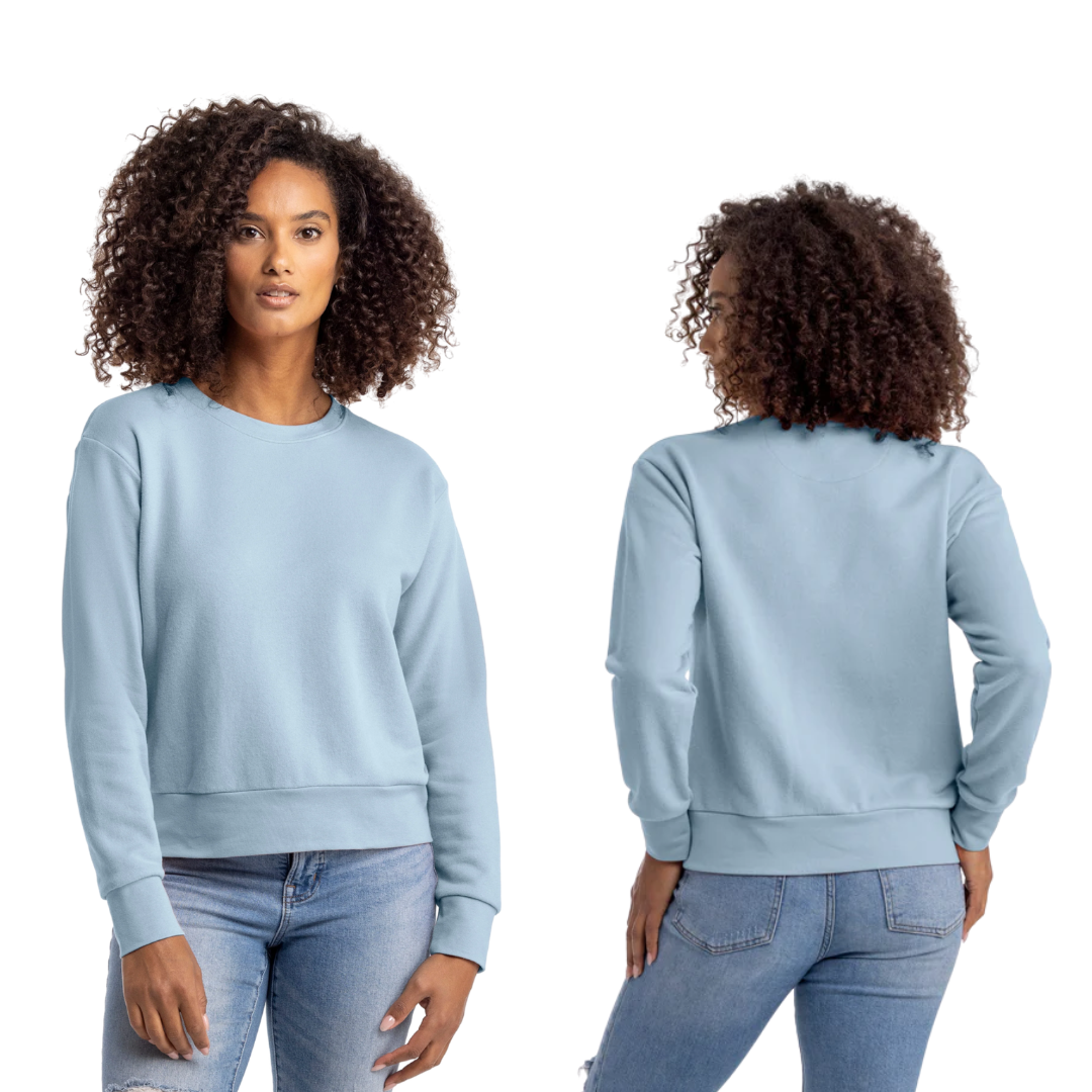 Light blue sweatshirt worn by a person on a white background