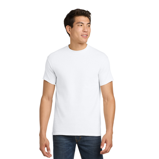 Man wearing a plain white t-shirt and dark jeans on a white background