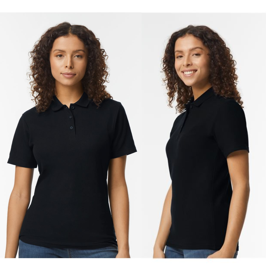 Two images of a person wearing a black polo shirt against a white background