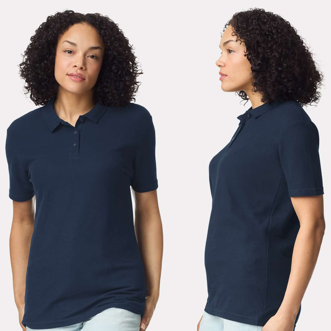 Woman wearing a navy blue polo shirt from front and side views on a white background