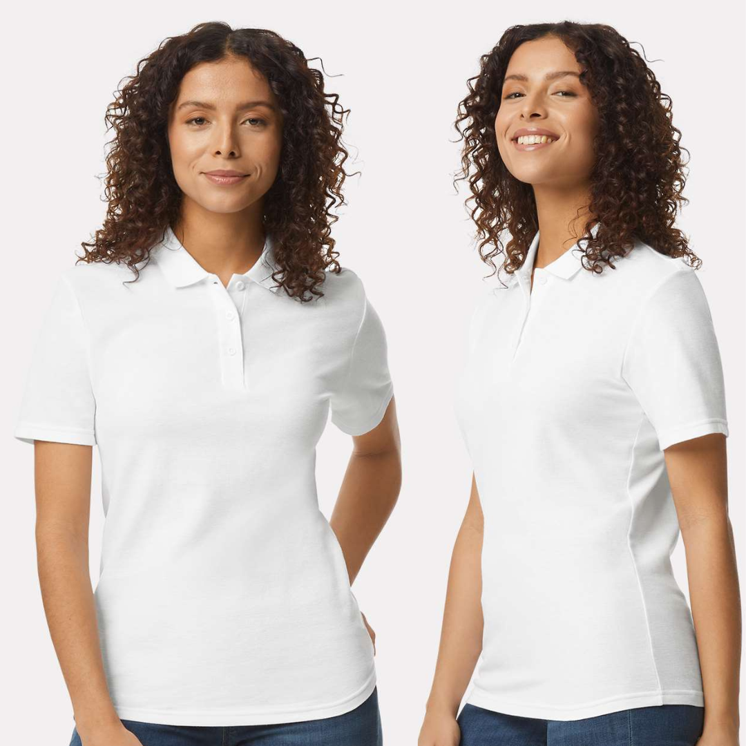 Two images of a woman wearing a white polo shirt on a plain background