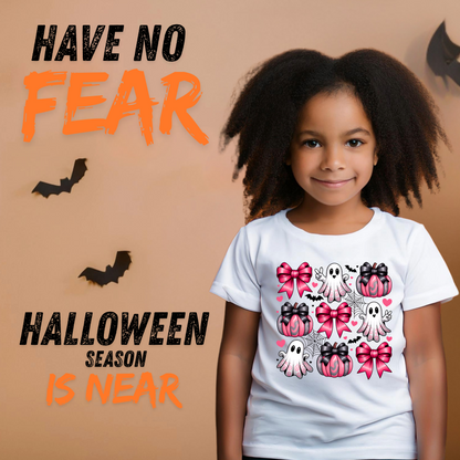 Kids Halloween T-Shirt: Pink Bow Coquette, Pumpkin Ghost Tee